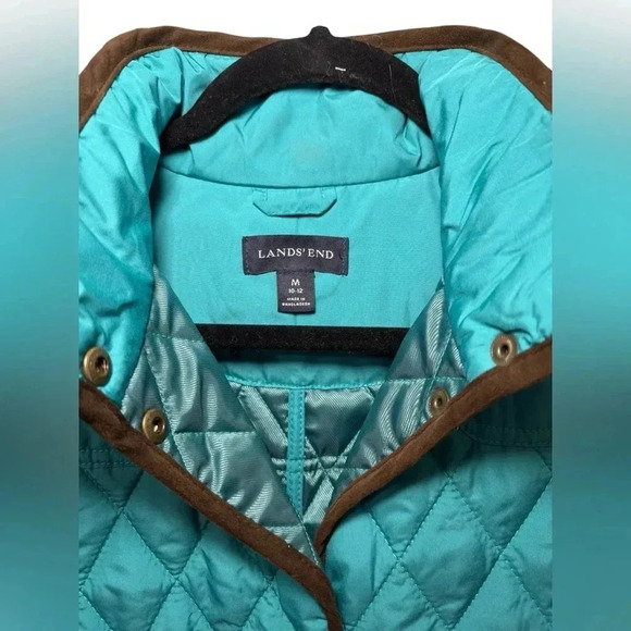 Lands' End Women's Teal Blue Brown Trim Quilted Snap Button Barn Jacket Size Med - Picture 2 of 5